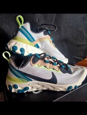 Nike React Element Sneakers in White with Teal & Lime Highlights